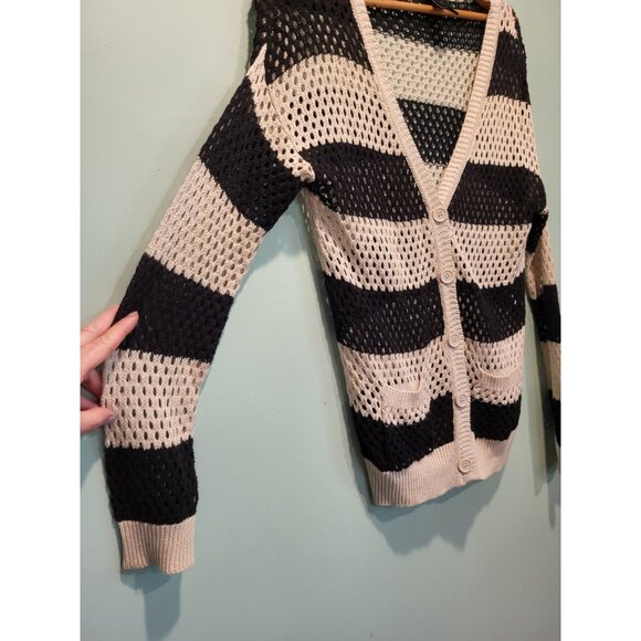 Black Tan Wide Stripe Open Knit Slouchy Cardigan Sweater Pockets Sz M Wet Seal - Picture 3 of 6